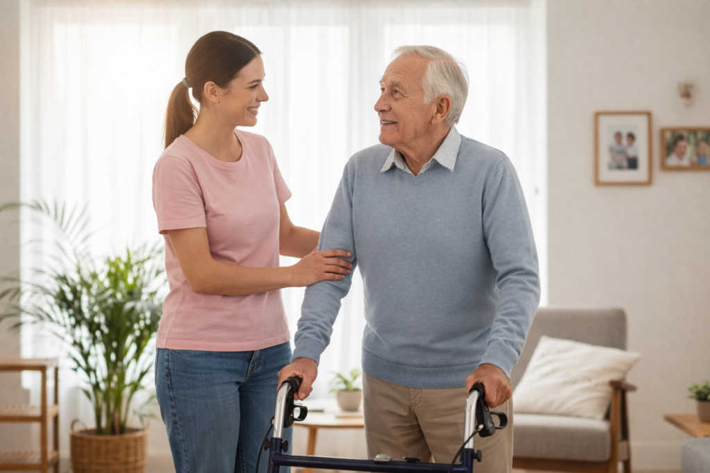 Caregiver assisting an elderly man walking with a walker in an Edmonton home